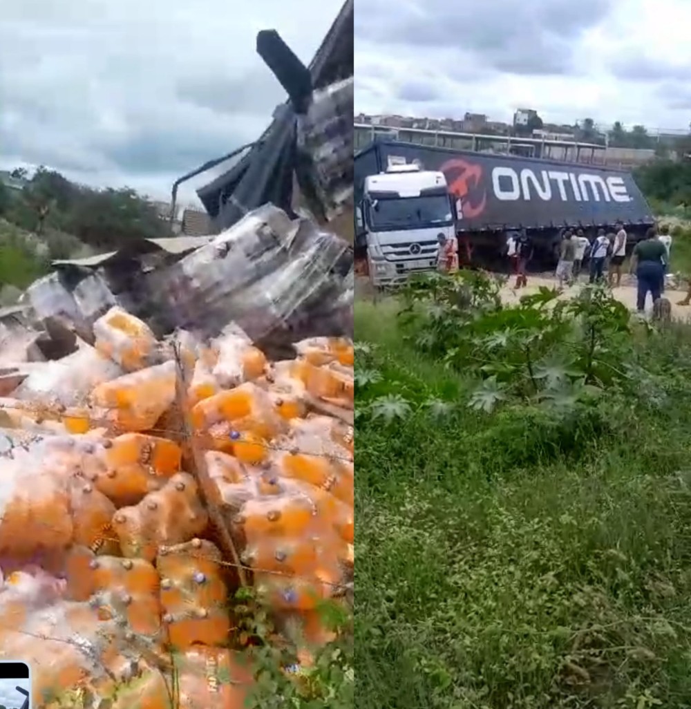 Tentativa de saque é frustrada pela PM e GCM após carreta carregada com refrigerantes tombar no bairro Fluminense, em Conceição do Coité