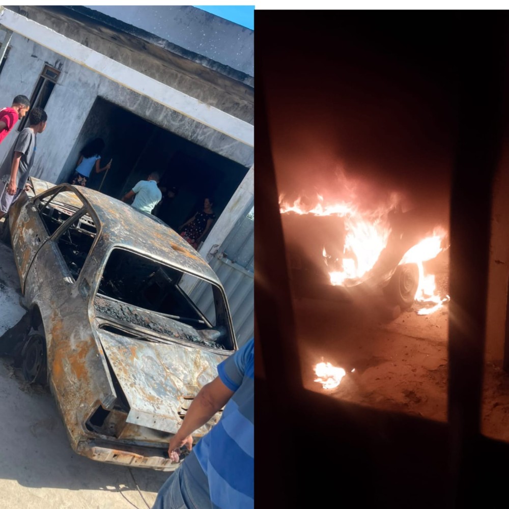 Carro pega fogo dentro de garagem na zona rural de Conceição do Coité