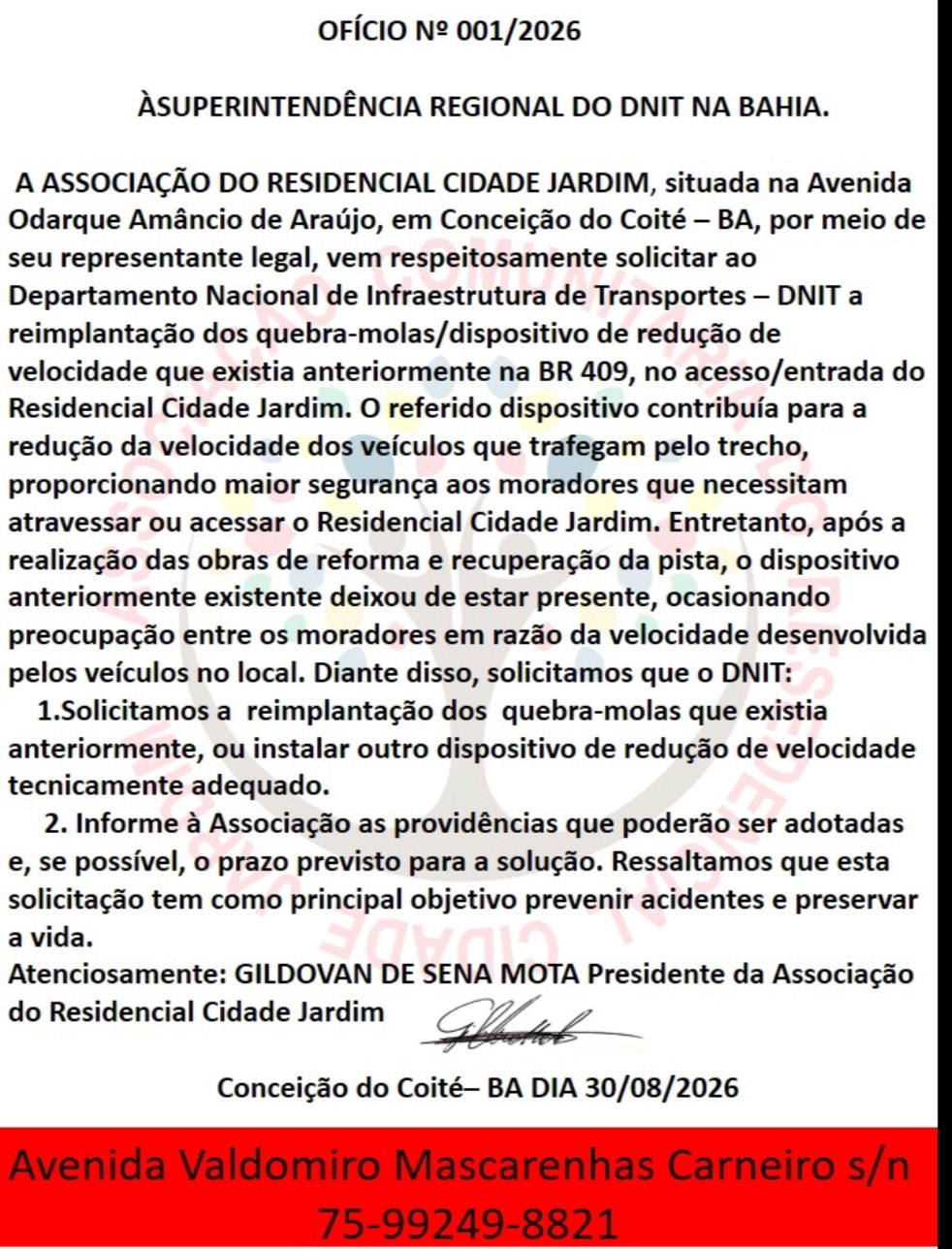 Após acidente com vítimas fatais, moradores do Cidade Jardim pedem ao DNIT retorno do 