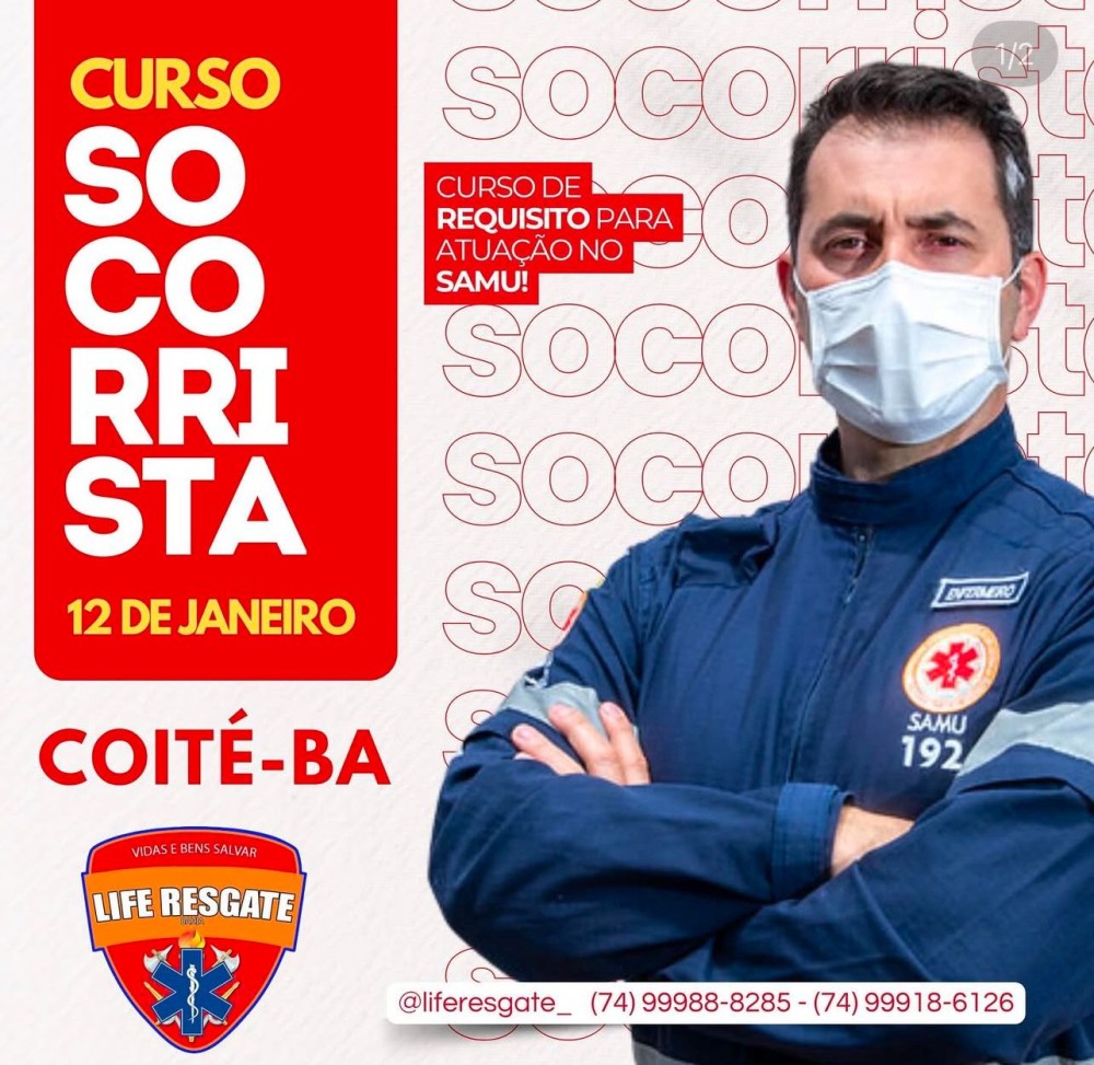 Curso de socorrista profissional será realizado neste domingo (12) em Conceição do Coité. Saiba como participar!
