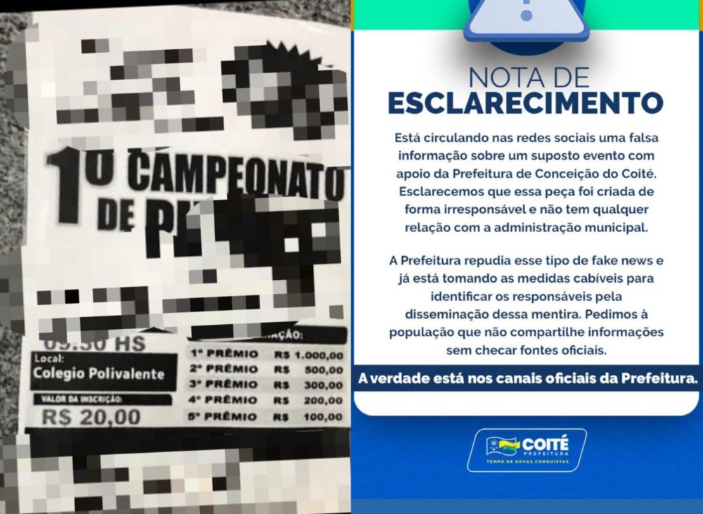Após fake news com imagem de suposto campeonato sexual viralizar com marca da prefeitura de Coité, órgão adota medidas judiciais. Confira a nota na íntegra!