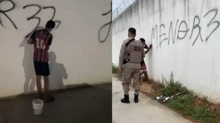 Pegos no flagra! Jovens são obrigados pela PM a limpar muro após pichação em Serrinha